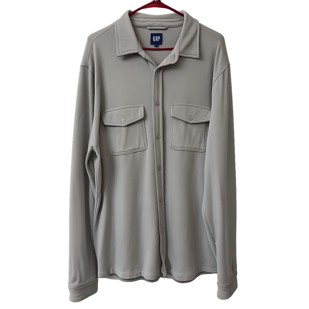 GAP Mens Large Gray Stretch Button Front Shirt Soft Knit Pocket Long Sleeve